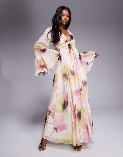 ASOS DESIGN fluted sleeve twist front maxi dress with plunge neckline in pink floral print - view 1