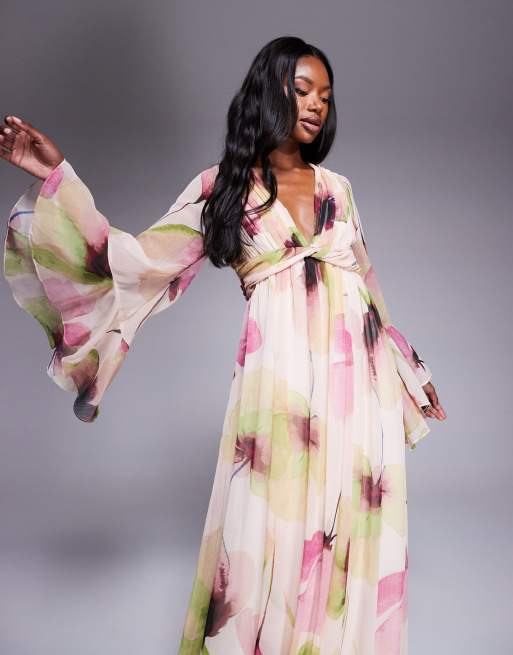 ASOS DESIGN fluted sleeve twist front maxi dress with plunge neckline in pink floral print