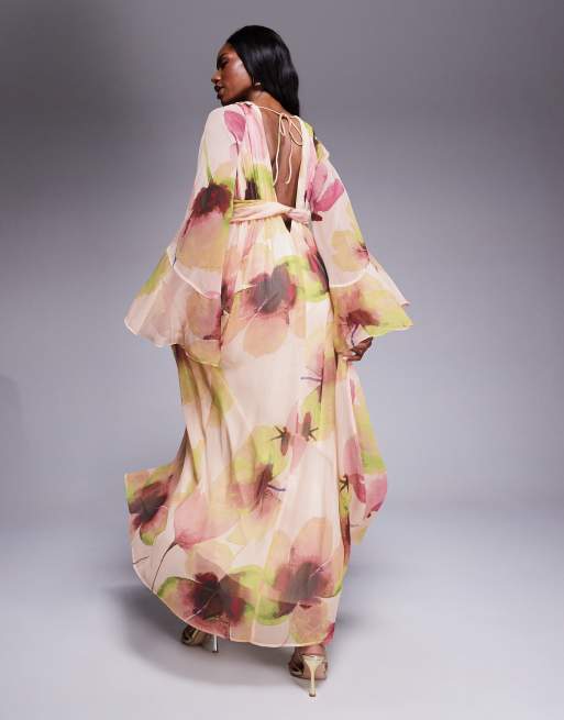 ASOS DESIGN fluted sleeve twist front maxi with plunge neckline in pink floral print, 3 of 4