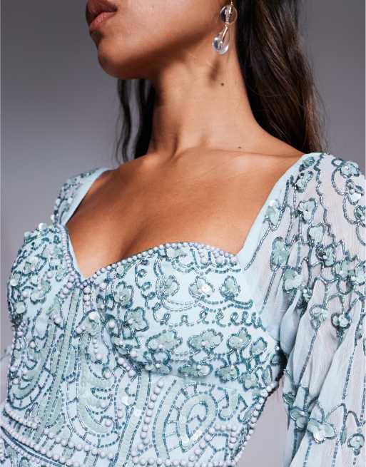 ASOS DESIGN fluted sleeves maxi dress with placement embellishment in aqua blue 