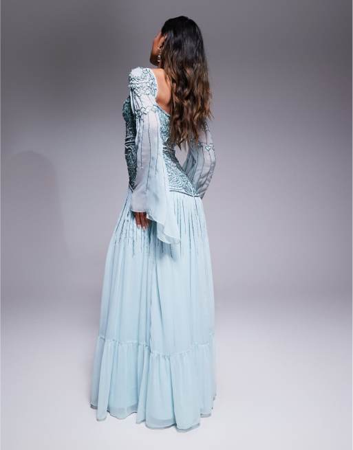 ASOS DESIGN fluted sleeves maxi dress with placement embellishment in aqua blue 