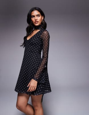 Asos Design Fluted Sleeves Mesh Mini Polka Dot Dress With Scarf In Black