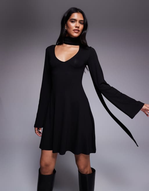 ASOS DESIGN fluted sleeves mini dress with scarf detail in black