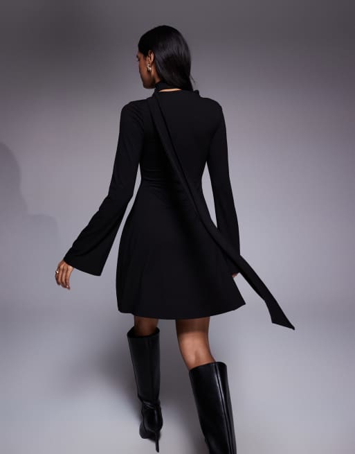 ASOS DESIGN fluted sleeves mini dress with scarf detail in black
