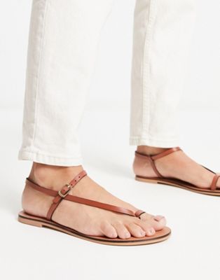 ASOS DESIGN Flutter leather toe loop flat sandal in tan