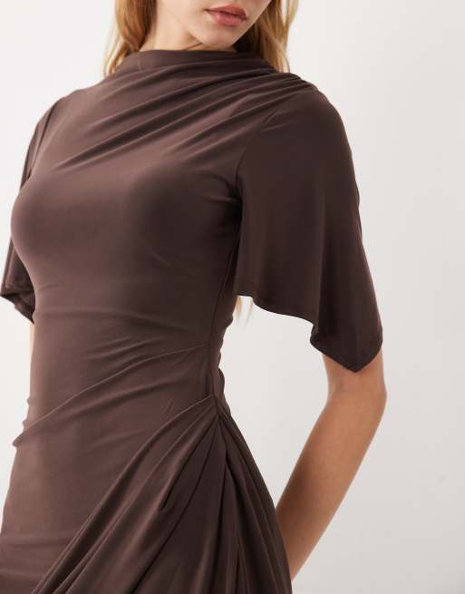 ASOS DESIGN flutter sleeve bubble mini dress in chocolate, 4 of 4