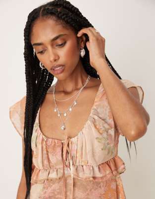 Asos Design Flutter Sleeve Chiffon Mini Dress In Neutral