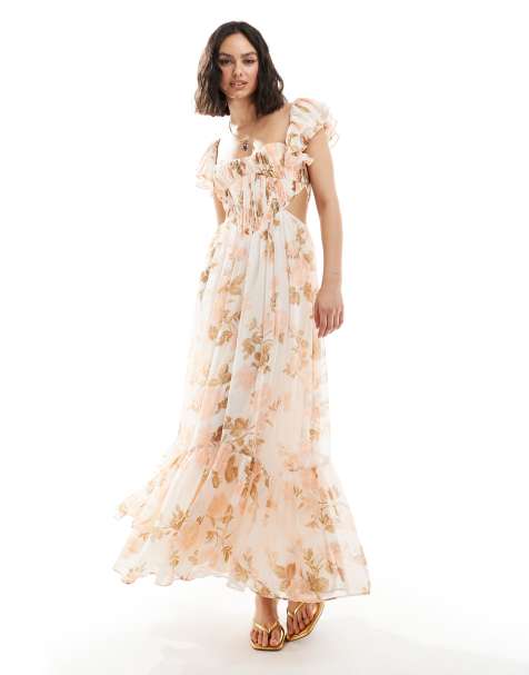 ASOS DESIGN flutter sleeve corset cut out midiaxi dress in peach floral - view 1