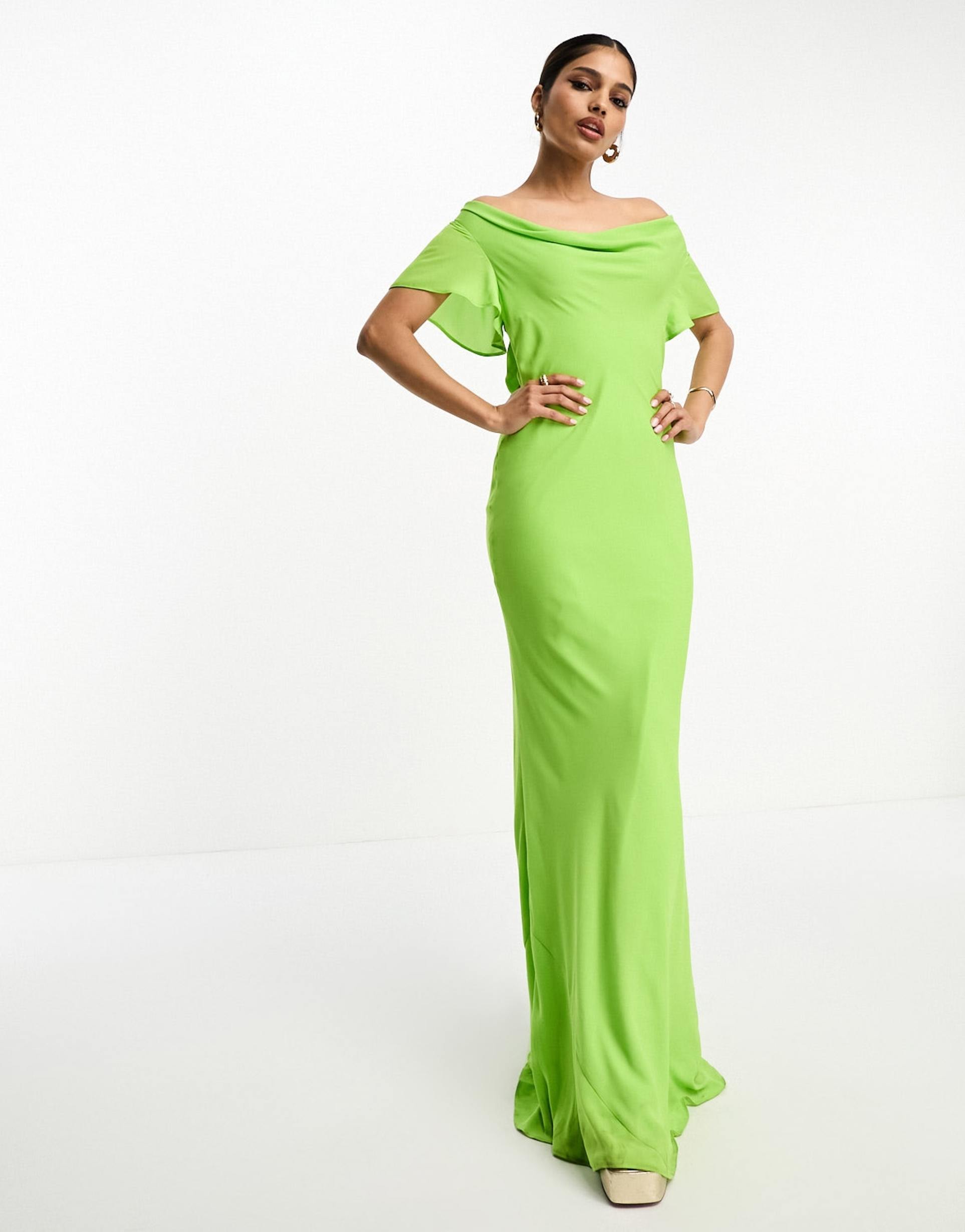 asos design flutter sleeve cowl neck maxi dress in apple green