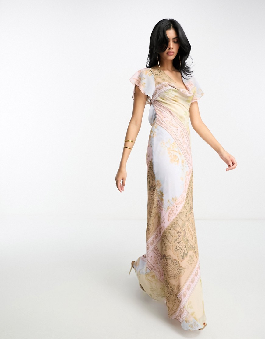 ASOS DESIGN flutter sleeve cowl neck maxi dress in vintage floral print-Multi