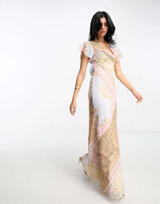 ASOS DESIGN flutter sleeve cowl neck maxi dress in vintage floral print