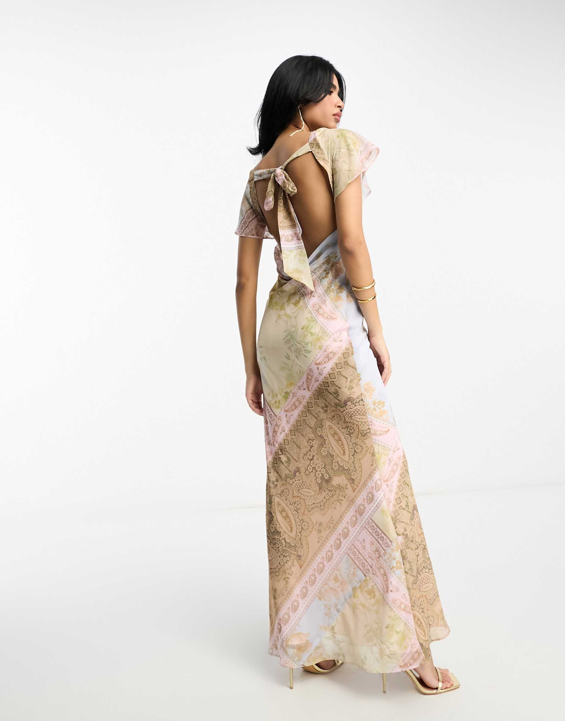 ASOS DESIGN flutter sleeve cowl neck maxi dress in vintage floral print view 4