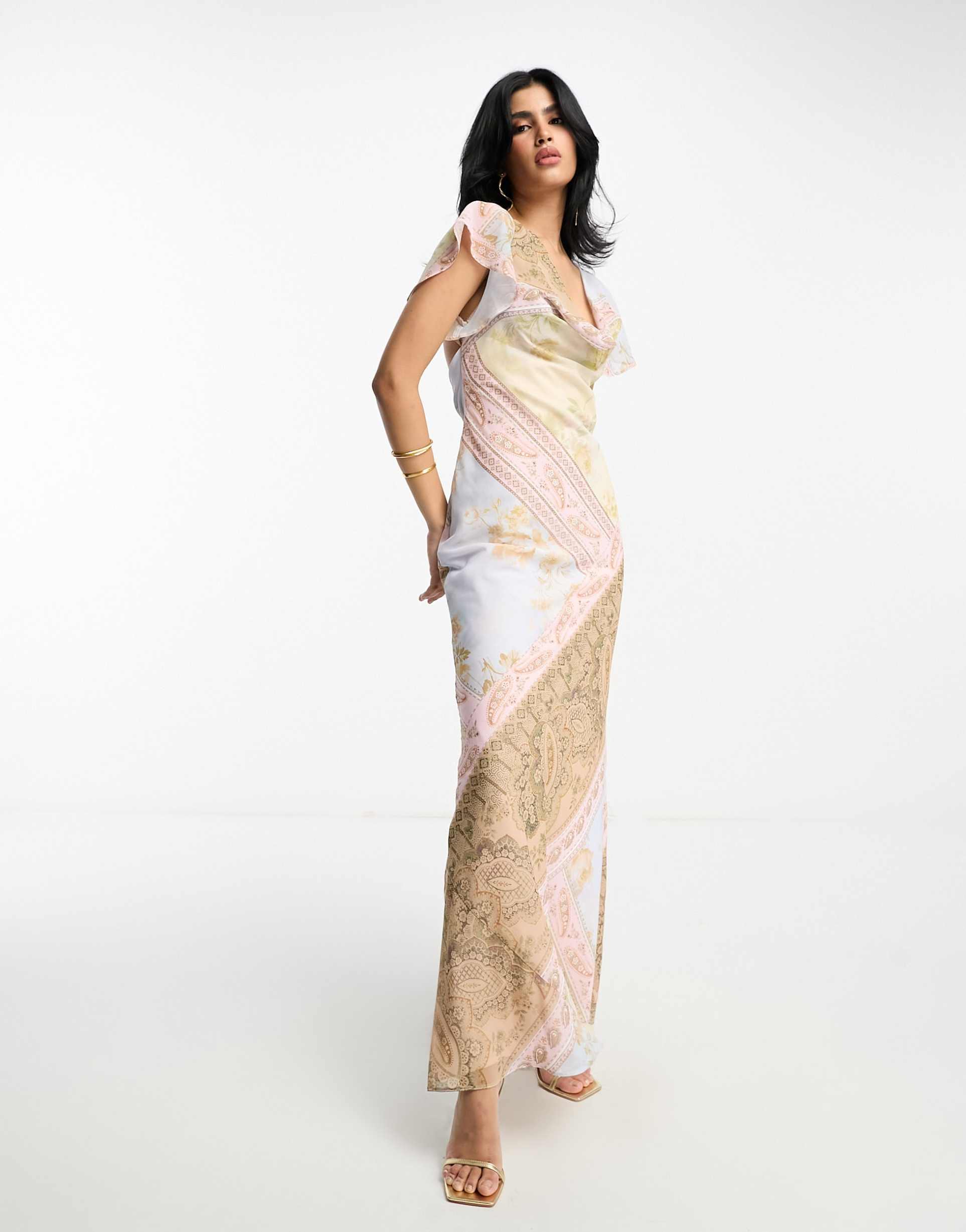 ASOS DESIGN flutter sleeve cowl neck maxi dress in vintage floral print