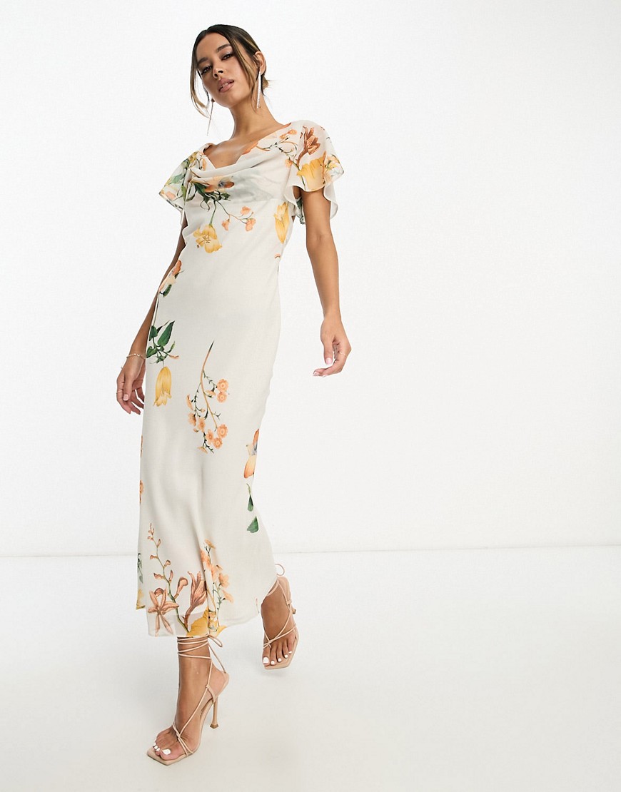 Asos Design Flutter Sleeve Cowl Neck Midi Dress In Cream Floral Print-multi