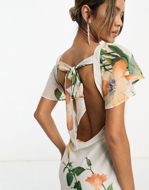ASOS DESIGN flutter sleeve cowl neck midi dress in cream floral print