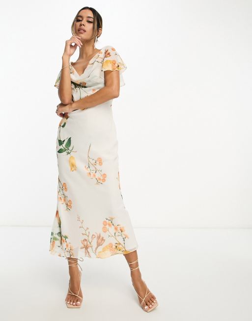 ASOS DESIGN flutter sleeve cowl neck midi dress in cream floral print