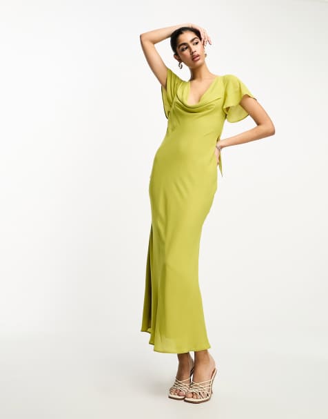 Flounce London Plunge Front Mini Dress With Drop Sleeves In Lime