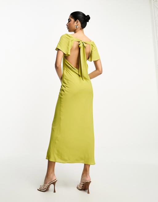 ASOS DESIGN satin long sleeve maxi dress with drawstring back in olive