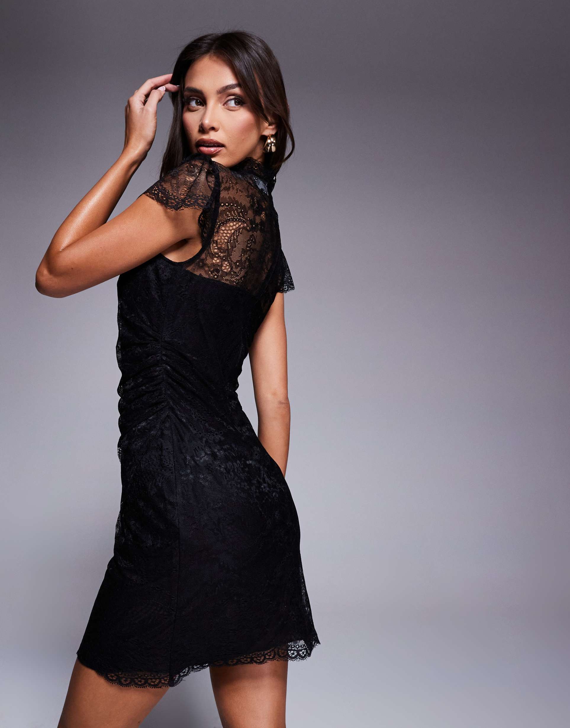 asos design flutter sleeve lace mini dress in black