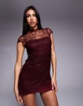[ASOS DESIGN] ASOS DESIGN flutter sleeve lace mini dress in burgundy-Multi 4 BURGUNDY