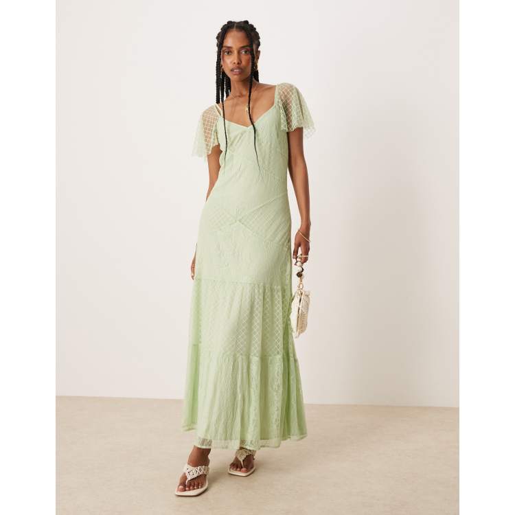 ASOS Design Flutter Sleeve Lace Paneled Maxi Dress in Mint-Green