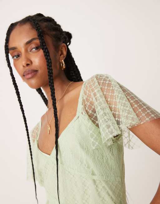 ASOS DESIGN flutter sleeve lace paneled maxi dress in mint