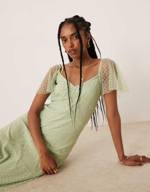 ASOS DESIGN flutter sleeve lace paneled maxi dress in mint