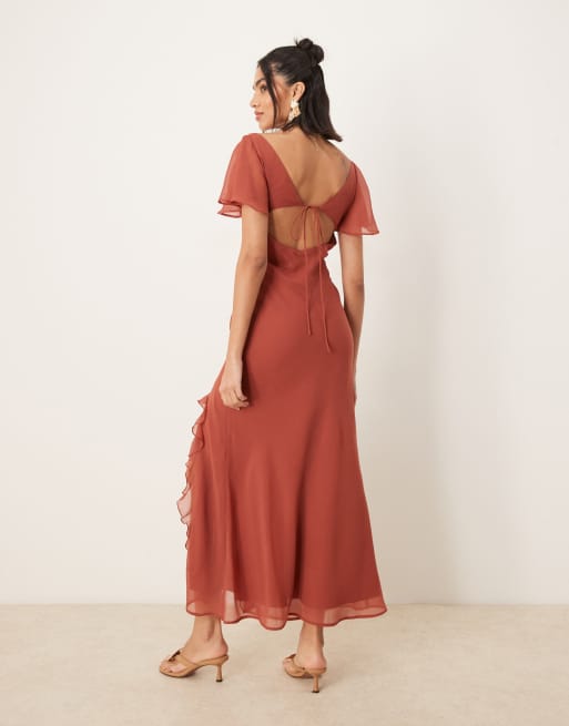 ASOS DESIGN flutter sleeve lace trim ruffle split midaxi dress with open back in rust, 2 of 4