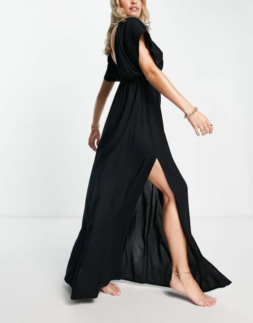 ASOS DESIGN Fuller bust flutter sleeve maxi beach dress in black