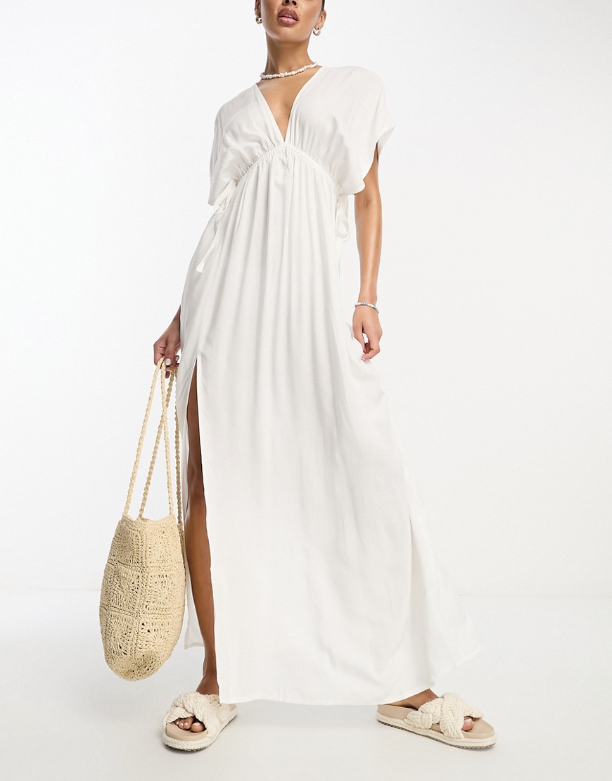 Shop Asos Design Flutter Sleeve Maxi Beach Dress With Channeled Tie Waist In White