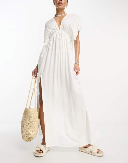 ASOS DESIGN Maternity flutter sleeve maxi beach dress in white