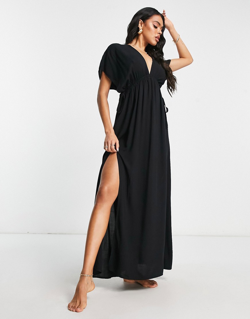 ASOS DESIGN flutter sleeve maxi beach dress with channelled tie waist in black