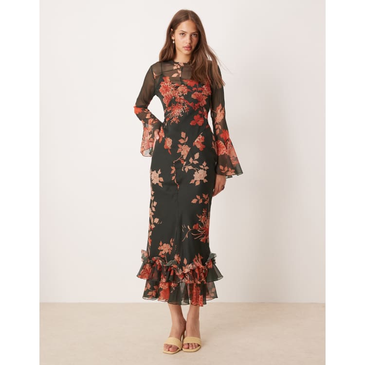 ASOS DESIGN flutter sleeve maxi dress with frill hem in black and red  floral | ASOS