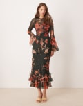[ASOS DESIGN] ASOS DESIGN flutter sleeve maxi dress with frill hem in black and red floral-Multi 4 Black Floral Print