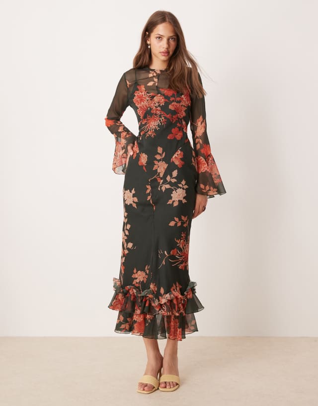 red and black floral maxi dress ASOS DESIGN flutter sleeve with frill hem in Color:blackprint The rich texture combined esther: size-tip-true-to-size Unicorn Theme Birthday Dress