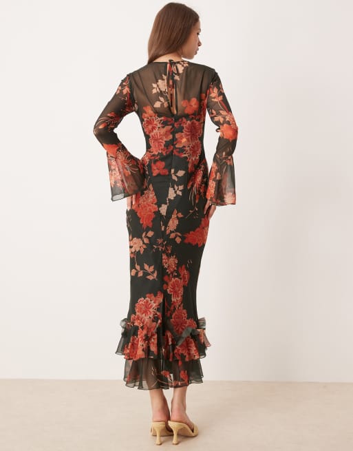 ASOS DESIGN flutter sleeve maxi dress with frill hem in black and red floral