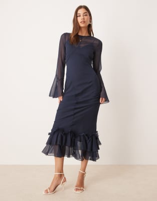 ASOS DESIGN flutter sleeve maxi dress with frill hem in navy-Blue