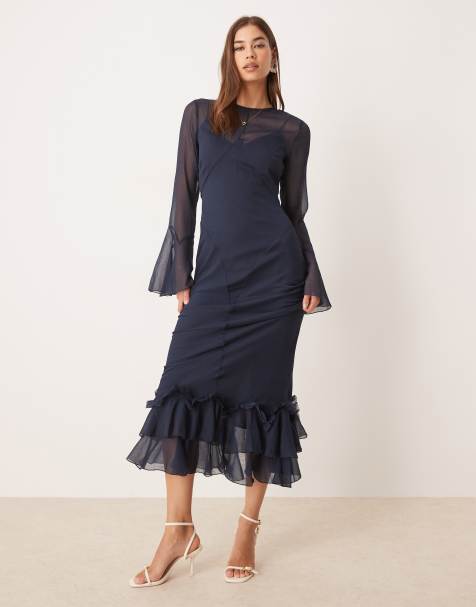 ASOS DESIGN flutter sleeve maxi dress with frill hem in navy - view 1
