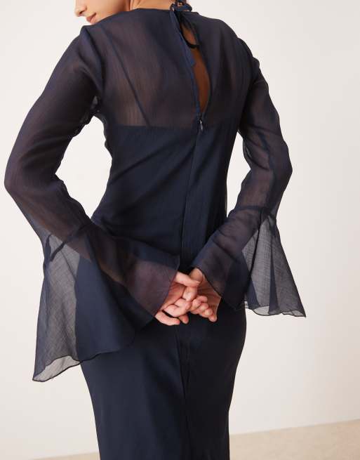 ASOS DESIGN flutter sleeve maxi dress with frill hem in navy