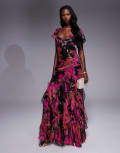 [ASOS DESIGN] ASOS DESIGN flutter sleeve maxi dress with ruffle godets in floral print-Multi 6 Floral Print