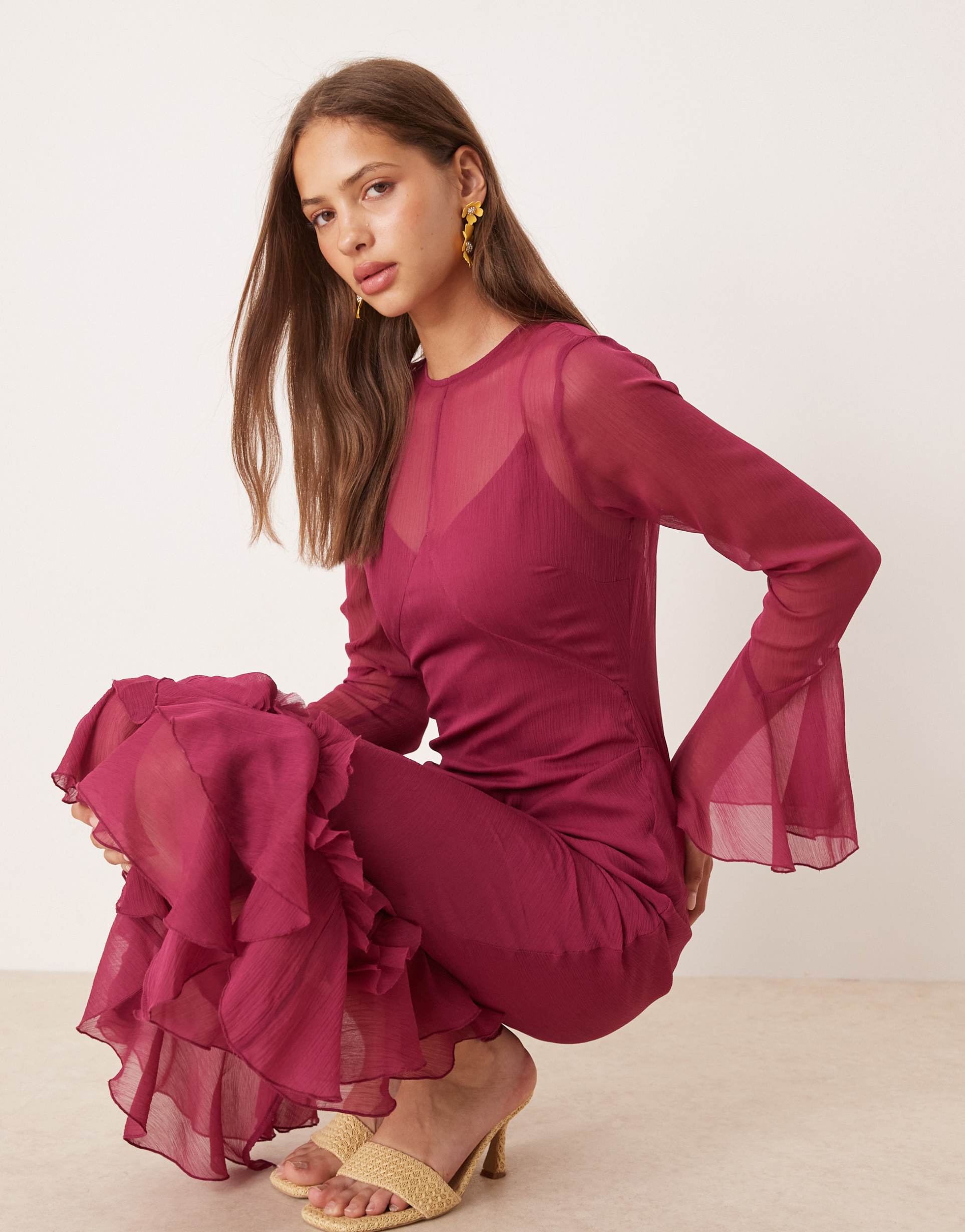 asos design flutter sleeve maxi dress with ruffle hem in mulberry
