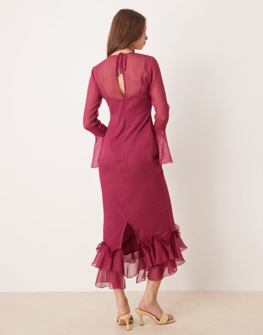 ASOS DESIGN flutter sleeve maxi dress with ruffle hem in mulberry