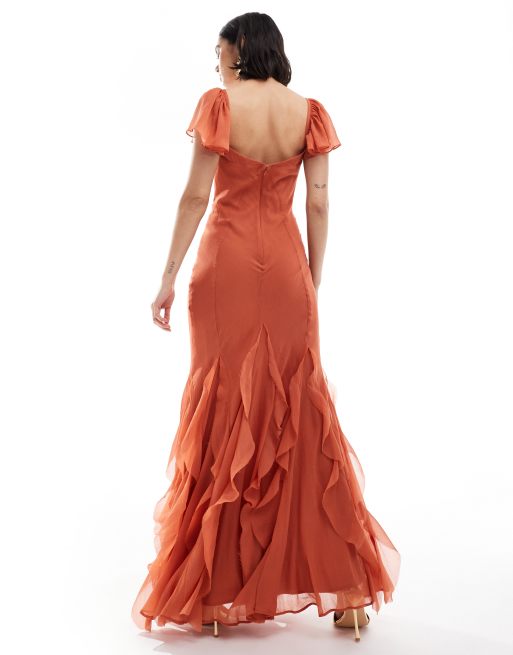 Asos design pleated panelled flutter sleeve maxi dress with lace inserts sale