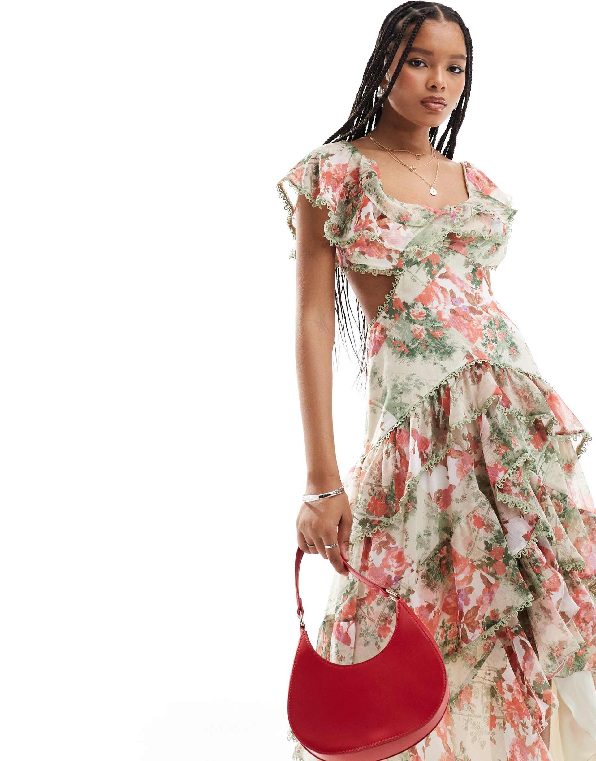 asos design flutter sleeve maxi dress with tiered skirt and lace trim in floral print