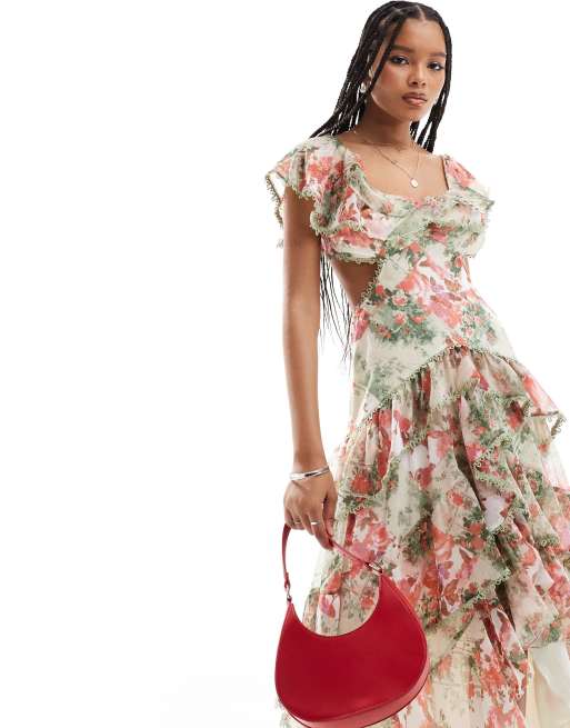 FhyzicsShops DESIGN flutter sleeve maxi dress Hat with tiered skirt and lace trim in floral print