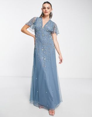 ASOS DESIGN flutter sleeve maxi dress with trailing floral embellishment in blue - ASOS Price Checker