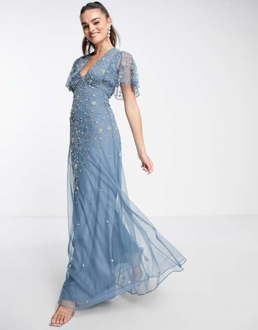 ASOS DESIGN flutter sleeve maxi dress with trailing floral embellishment in blue