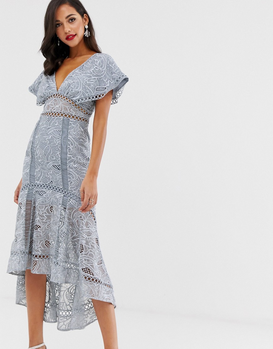 ASOS DESIGN flutter sleeve midi dress in corded lace with circle trim detail-Multi