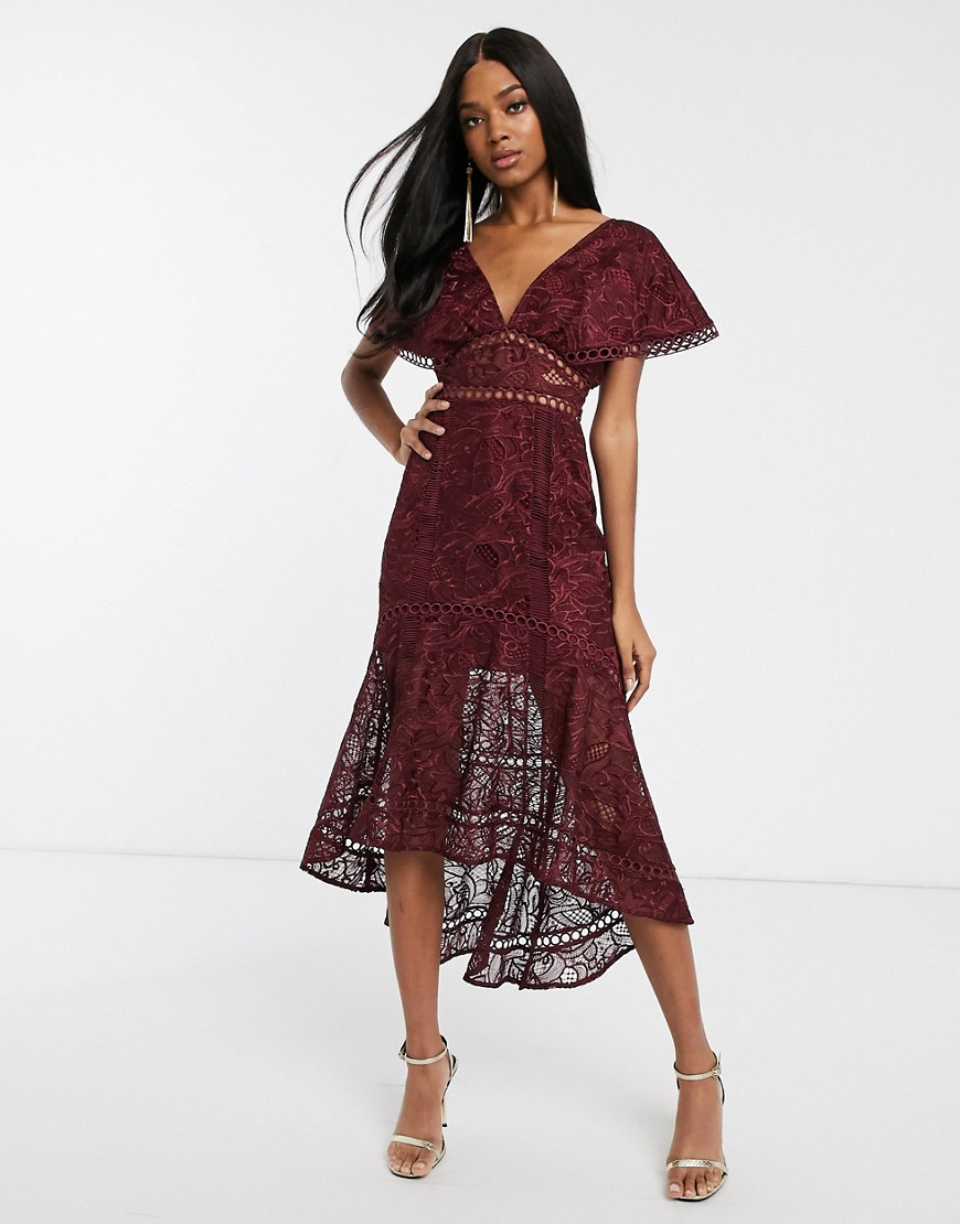 ASOS DESIGN flutter sleeve midi dress in corded lace with circle trim detail-Red