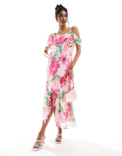 ASOS DESIGN flutter sleeve midi dress with front frill slit in print - view 1